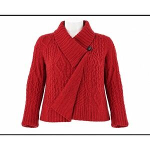 The Irish Store Red MerinoWool Cable Knit Shawl Collar Cardigan Sweater Womens M